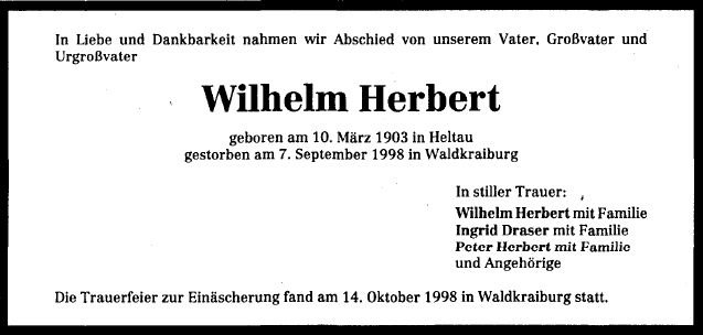 Herbert Wilhelm 1903-1998 Todesanzeige